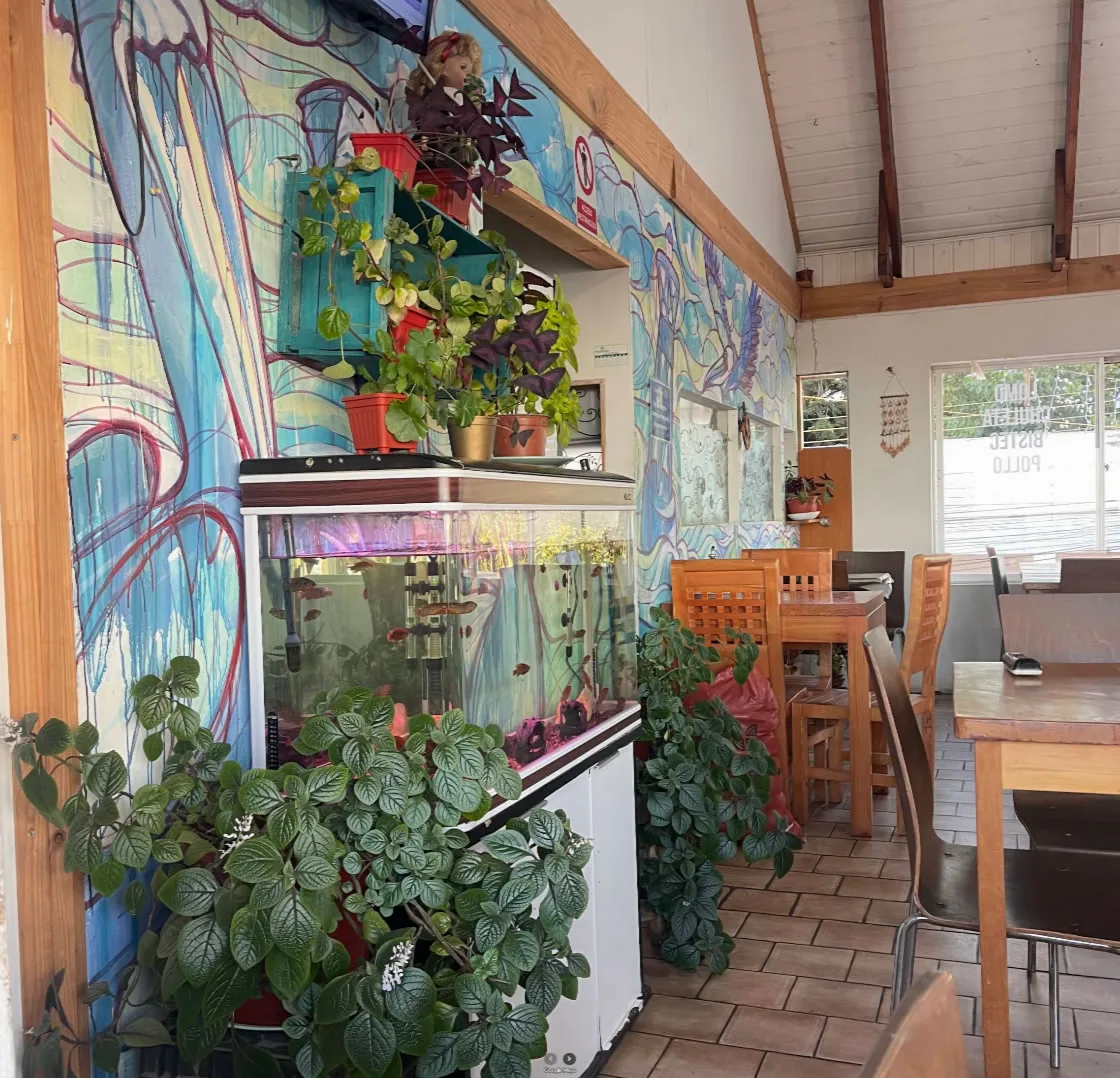 Interior de Aire Marino Pichilemu, con un acuario, plantas y mesas de madera